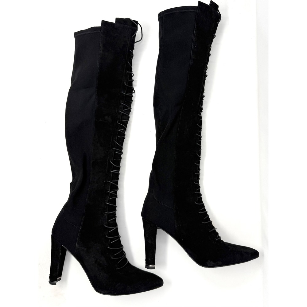 Stuart Weitzman Black Suede Lace Up Over The Knee Block Heel Boots 8M 51359